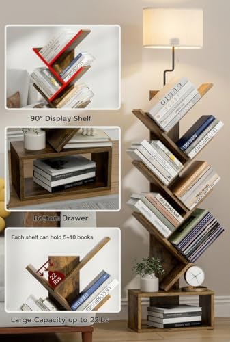 XBurmo 6 Tier Tree Bookshelf with Lights - Small Bookcase, Compact Book Tower with Drawer, Corner Bookshelf for Bedroom,