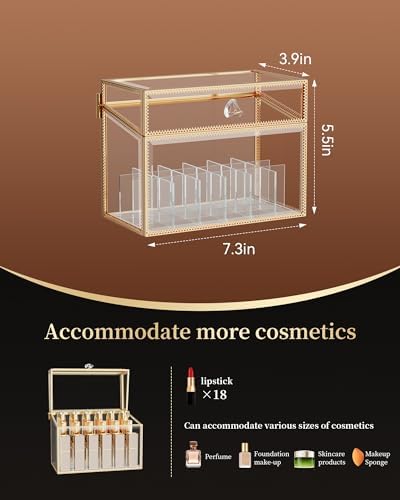 CoralHouse Glass Lipstick Organizer with Lid, 18-Slot Vanity Holder, Clear