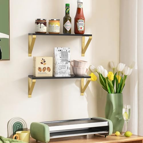 Gold Black Floating Shelves Wall Mounted Set of 2, 8mm Transparent Acrylic, Invisible Wall Shelves for Bedroom, Living R