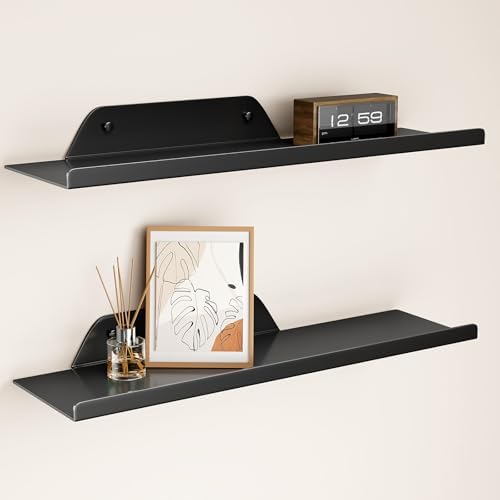 Floating Shelves for Wall, Wall Shelves, Off Center Metal Shelves for Living Room, 16” Modern Black Hanging Shelves for 