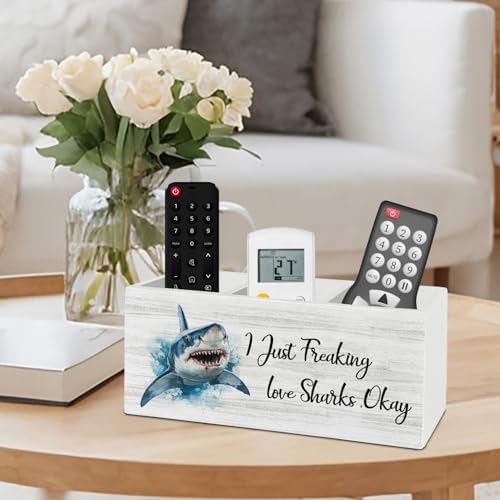 Shark Decor, Shark Bathroom Decor, Pen Pencil Holder Organizer for Desk Accessories, I Just Freaking Love Sharks Okay Wooden Box Sign Desk for Home Office Decoration