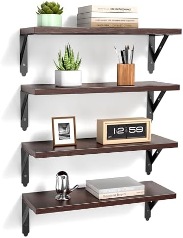 ROMGUAR CRAFT Wood Wall Floating Shelves Set of 4, 17" x 6" - Brown