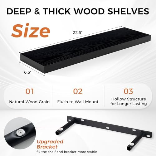 22.5 Inch Floating Shelves for Wall, Rustic Wood Wall Mounted Deep Storage Shelves with Invisible Brackets, Large Decora