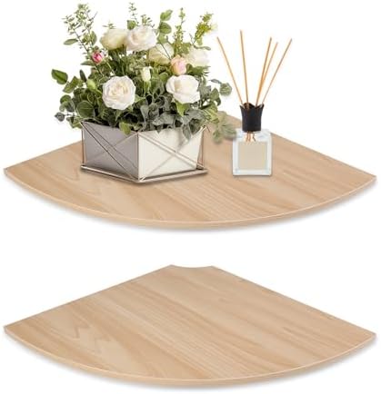 JJL Corner Wall Shelf, 12-Inch Sector Shelf, Set of 2 Wooden Hanging Shelves With Wire Hole for Bedroom Decoration, Ligh