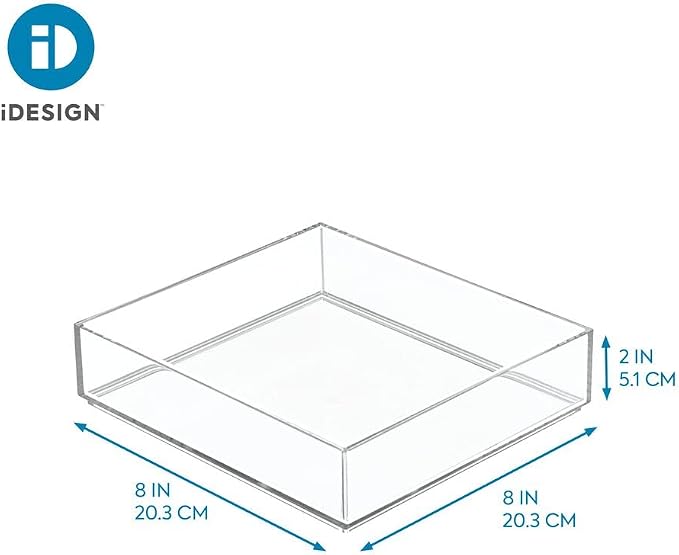 iDesign Clarity Collection Countertop Vanity Tray, 8" x 8" x 2", Clear | Organizer for Bathroom, Bedroom