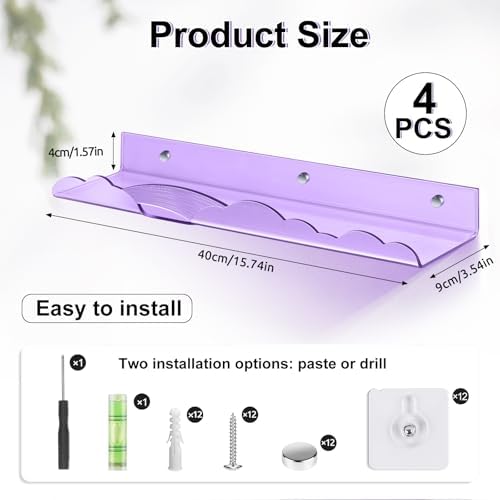 Rainbow Acrylic Floating Shelves, Wall Mounted, 15in, 4 Pack, Mix