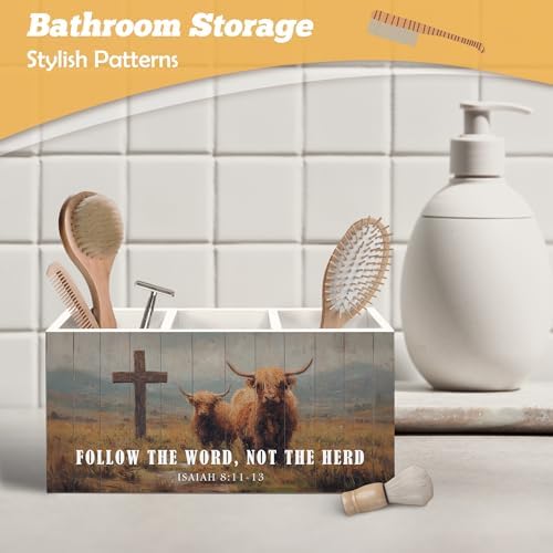Christian Highland Cow Pen Holder Organizer for Desk Accessories, Follow the Word Not the Herd Bible Verse Rustic Highland Cow Wooden Box Sign Desk Decorations for Home Office Decor