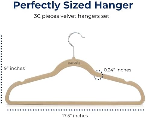 SereneLife 30-Pack Ivory Velvet Clothes Hangers, Non-Slip Heavy Duty