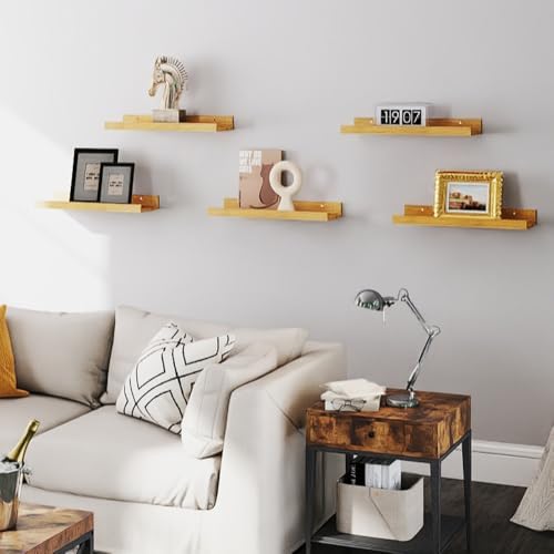 RICHER HOUSE 5-Set Floating Shelves with Lip, Oak Wall Mounted Wood Shelf