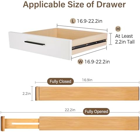 Adjustable Bamboo Drawer Dividers of 8, Expandable Organizers (16.9"-22.2")