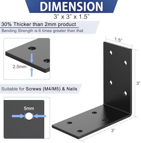 3 x 3 Inch L Brackets for Wood, Heavy Duty Galvanized Corner Braces, 15 PCS