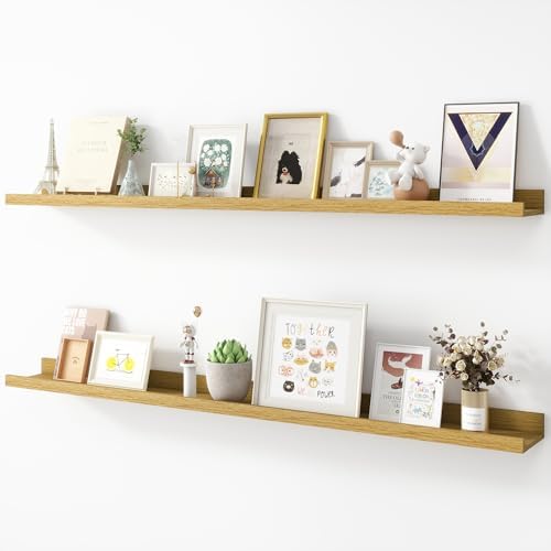 Acovy Picture Ledge Shelf, Wood Long Floating, Set of 2, 48 inch, Oak