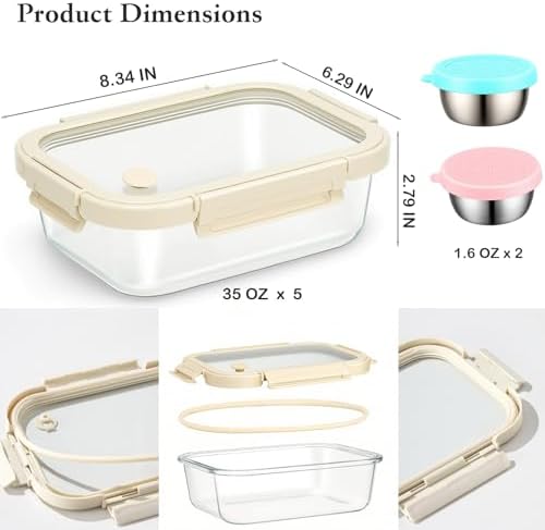 Glass Food Storage Containers with Glass Lids, Stainless Steel Salad Dressing Containers, Microwave-safe LeakProof Food Containers Set, 5-pack 35 oz（White）