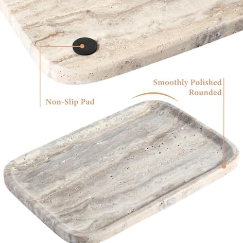 Karibiber Marble Vanity Trays, Travertine Bathroom Tray, Decorative Tray for Dresser Countertop, Grey Stone Serving Hold