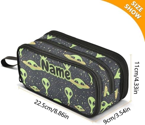 Custom Green Aliens Space Pencil Case Box Boys Girls Personalized Name Large Pencil Pouch Stationery Pen Bag Organizer for Kids Adults School Office