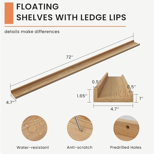 FLYJOE Picture Ledge Shelf, Floating Shelves Set of 2, Solid Ash Wood 72'' Long Large Nursery Book Shelves for Toys Storage, Kids Bookshelf for Living Room Bedroom Decor Books Photo Frames, Natural