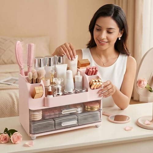 Makeup Organizer for Vanity with 2 Large Drawers and 6 Brush Holders, Pink