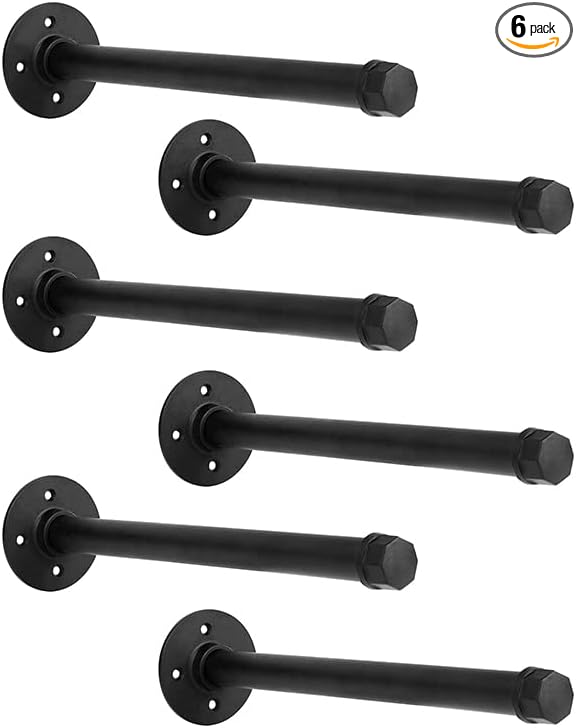 Industrial Pipe Shelf Brackets 6 Pack 16 Inch - Heavy Duty Black Iron for 10"-16" Wood-Wall Mount Floating Shelves Kit with All Hardware Included,Pipe Shelving Brackets , Black DIY Pipe Shelves