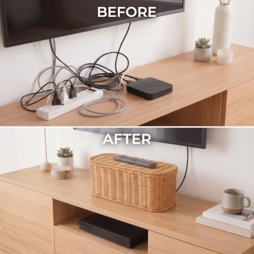 Rattan Cable Management Box, Cord Organizer to Hide Cords & Power Strip