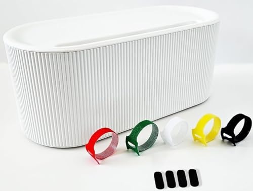 Cable Management Box, White Cord Organizer Box with Lid, 12.4 x 5.1 x 4.8 in, Includes 5 Reusable Cable Ties and 4 Anti-