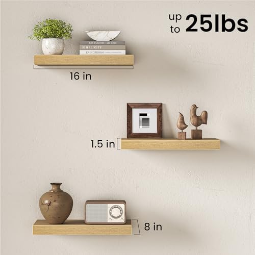 16" Floating Shelves for Wall, Set of 3, 8" Deep, 1.5" Thick, Oak Finish