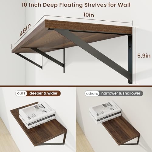 Axeman Deep Floating Shelves, 48'' x 10'' Walnut Wall Shelves Set of 2