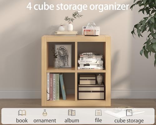furtble Bookshelf with Storage Bin, 4-Cube Storage Organizer, Modern Wood Open Bookcase, Multifunctional Display Shelf f