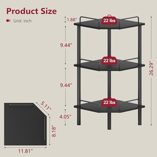 Tajsoon 3 Tier Corner Shelf Stand, Standing Corner Shelf Unit, Black