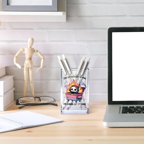 This Little Light Of Mine I'm Gonna Let It Shine Acrylic Cosmetic Pencil Pen Holder Cup, Dumpster Fire Pen Holder Cup, Cute Grim Reaper Gifts, Mental Health Gifts for Women Men Colleague Teacher