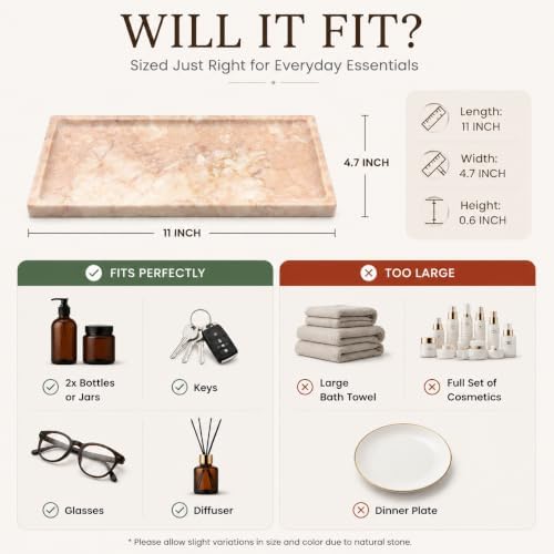 Pink Marble Tray for Vanity, Slim Natural Stone Decorative Tray for Bathroom, Perfume Organizer, Jewelry Dish, Kitchen &