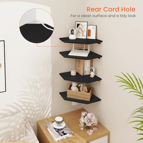 Homode Corner Floating Shelves, Corner Shelves Wall Mounted with Cord Hole, 4 Tier Diamond Shape Corner Hanging Shelving