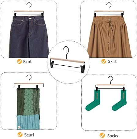 Nature Smile Beech Wooden Pants Skirt Hanger for Jeans Bottom Trousers with 2-Adjustable Black Matt Clips and Hook 10 Pack (Natural Wood+Black Metal)