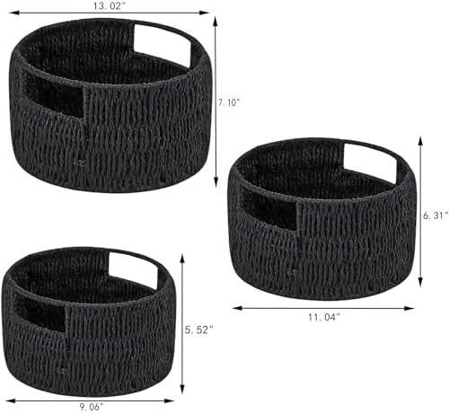 Vagusicc Wicker Storage Basket, Hand-Woven Paper Rope Large Round Woven Basket With Handles, Wicker Baskets for Organizing/Storage, Black, 3-Pack