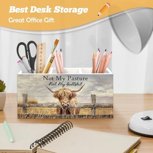 Highland Cow Pen Holder Organizer for Desk Accessories, Farmhouse Western Animal Wooden Box Sign Desk Decorations for Office School, Highland Cow Gifts for Women