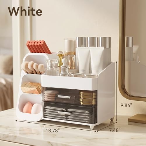 Makeup Organizer for Vanity with Brush Holder and 2 Drawers, White