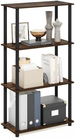 Furinno Turn-N-Tube Toolless Assembly Storage Shelves, 4-Tier Rustic Brown Book Shelf, Open Storage Bookshelf, for Organ