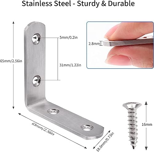 YUMORE L Bracket Corner Brace, 65×65mm, Heavy Duty Stainless Steel, 6 Pack