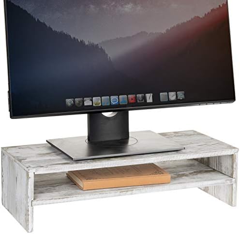 MyGift Whitewashed Wood Monitor Stand, 2 Tier Computer Desk Riser Shelf