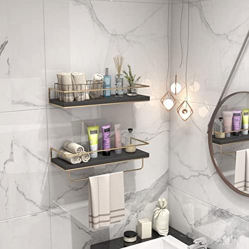 Shario Floating Shelves - Set of 2, Wall Mounted Hanging Shelves with Golden Towel Rack, Decorative Storage Shelves for 