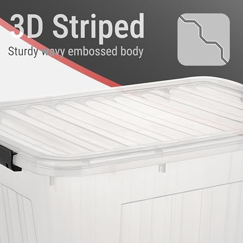 Cetomo Plastic Storage Bins, Lidded Storage Box with Wheels for Home Office Dorm, Wheeled, Stackable, Clear, 60Quart-4 P