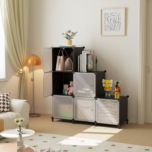 6Cube Storage Organizer Modular Stackable with Doors Black