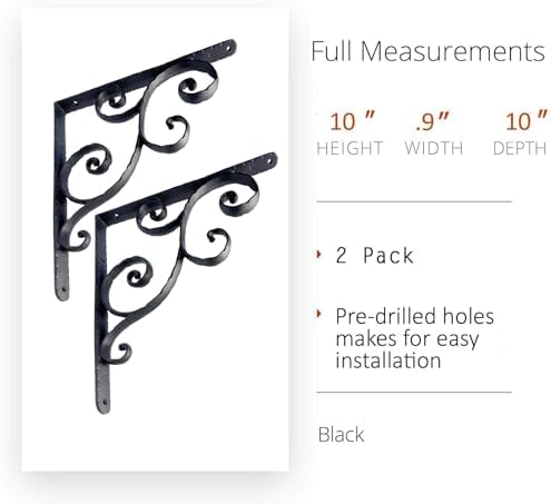 NACH Decorative Shelf Brackets, 2 Pack of 10 x 0.9 x 10 inch, Black Cast Iron Shelving Brackets - Metal Shelf Brackets f