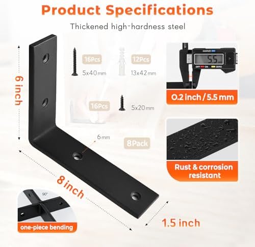 Shelf Bracket 8 Pack 8" Lx8 H 5mm Thick Heavy Duty Black L Brackets