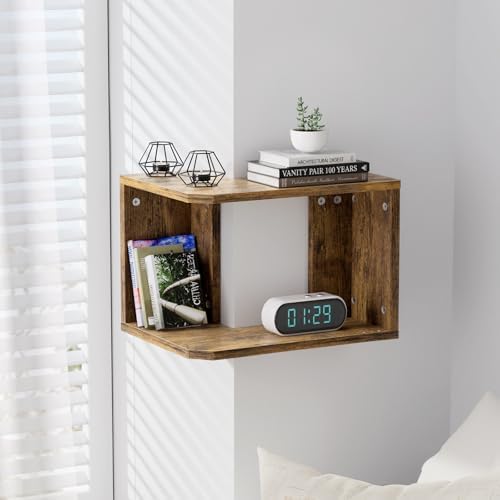 Floating Corner Shelf, 2-Tier Floating Shelf for Wall, Wood Floating Book Shelf for Living Room, Bedroom, Bathroom, Home