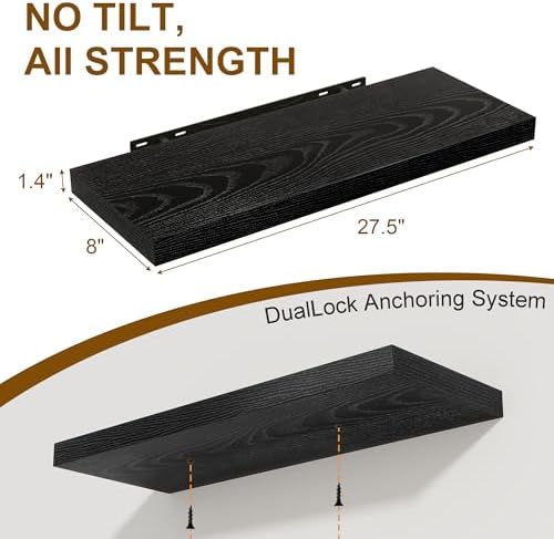 Black Floating Shelves for Wall, 27.5 Inch Bathroom Shelves Set of 2, Rustic Wood Wall Shelf with Invisible Brackets for