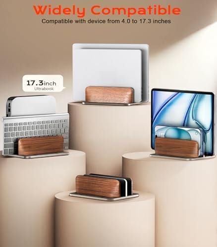 JCZT Vertical Laptop Stand, Walnut Dual Laptop Holder, Silver