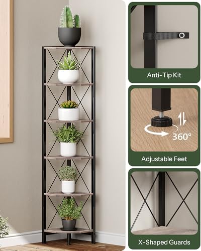 CHOEZON 6-Tier Corner Shelf, Corner Bookcase, 66.9" Tall Vertical Display Rack, Plant Stand, Open Storage Shelf, for Liv