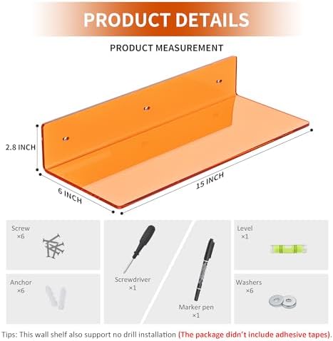Sezanrpt 15 Inches Orange Acrylic Wall Shelves 2 Pack, L Shape Floating Shelf, Perspex Wall Mounted Shelves for Home Décor, Model Car, Candle, Calendar, Towel, Tissue