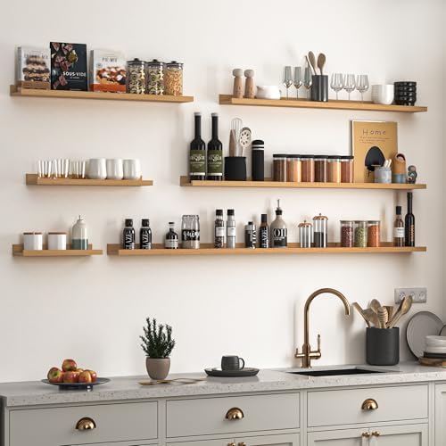 Heimlove Picture Ledge Shelf, Floating Shelves Set of 2, 36 Inches Picture Shelf for Wall with Ledge, Kids Bookshelf Wall Mounted for Living Room Bedroom Decor Books Photo Frames - Natural Oak
