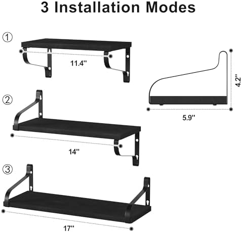 Love-KANKEI Black Floating Wall Shelves,Solid Wood/Metal Bracket,Set of 3